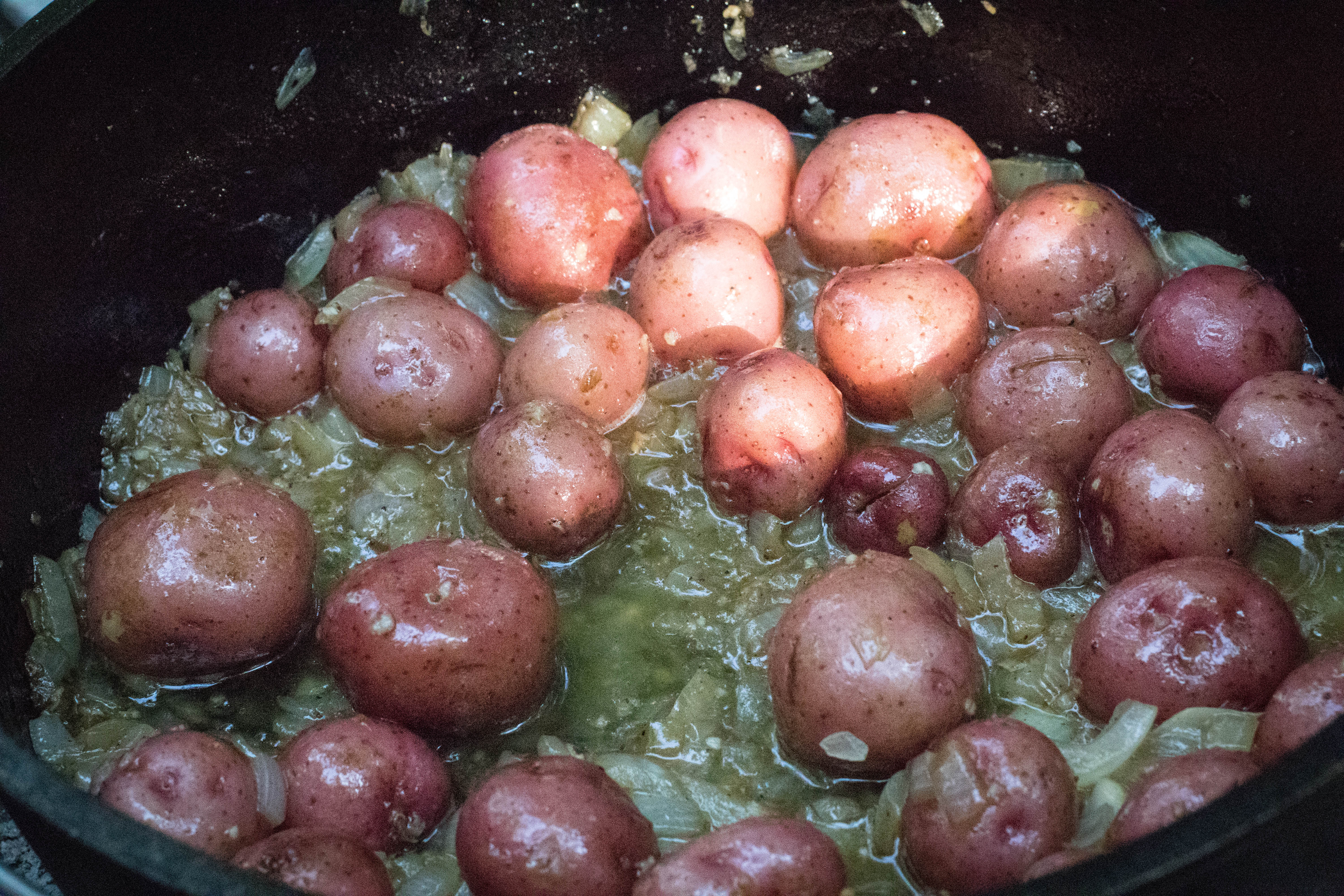 Red Taters and Onion in Bacon Grease after 30 Minutes