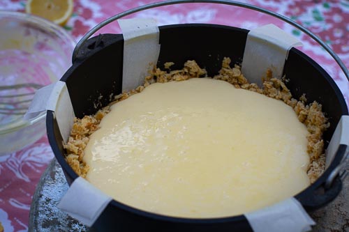 Pour lemon custard into baked pie crust